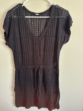 Black Crochet V-Neck Swim Cover-Up with Waist Tie